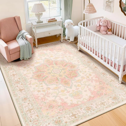 CAPALOCA Machine Washable Rugs Nursery Rug 4x6 Cute Girl Non Slip Low Pile Water Repellent Soft Print Pattern for Bedroom Indoor Decor Kids Playroom Pink Green