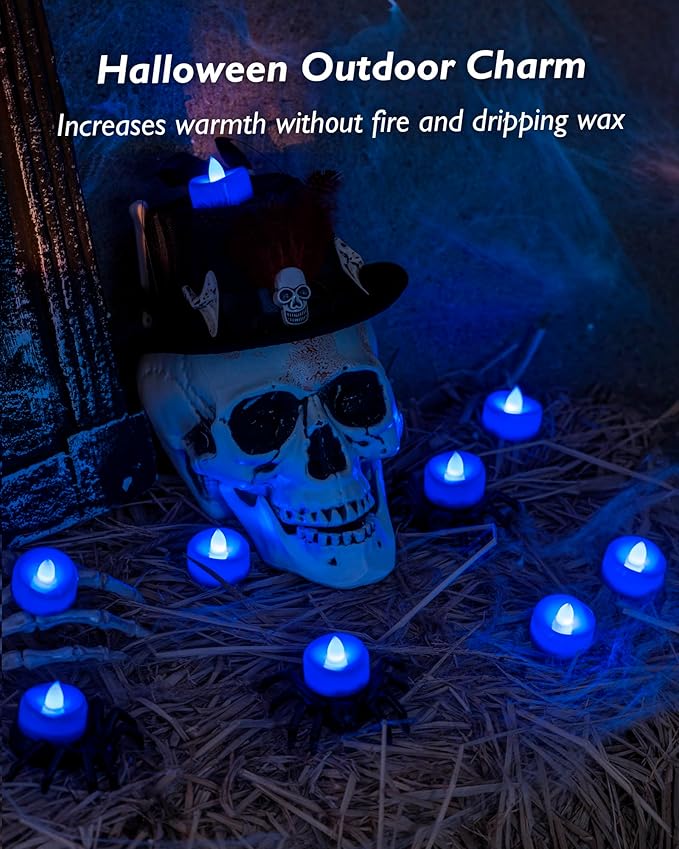 merrynights Flameless Candles, 24 Pack Tea Lights Candles Battery Operated, LED Tealight Candle, Realistic Tea Lights for Halloween Christmas Party Decor -D 1.5” x H 1.25” -Blue Candle