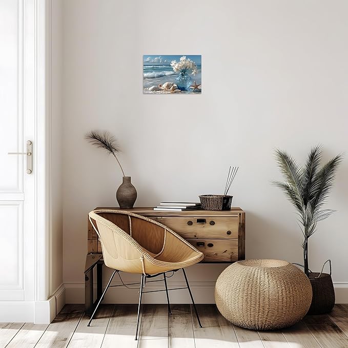 TutuBeer Beach Bathroom Canvas Wall Art Starfish with White Flower Coastal Pictures Wall Art Canvas Seascape Poster Seaside Seashell Painting Print Artwork for Living Room Bedroom 20"x30"x1 Panel