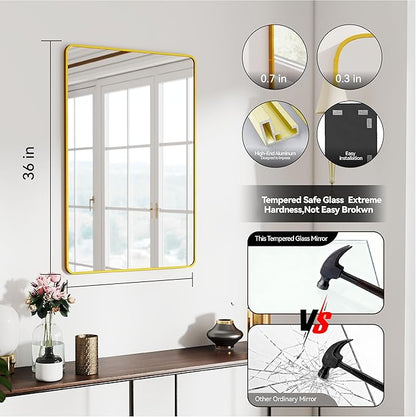 SCWF-GZ 24x36 Vanity Mirror Full Length Wall Mounted Aluminum Alloy Metal Frame Dressing Round Rectangle Mirrors for Entryway Bedroom Bathroom Living Room Horizontally or Vertically 36x24 inch Gold