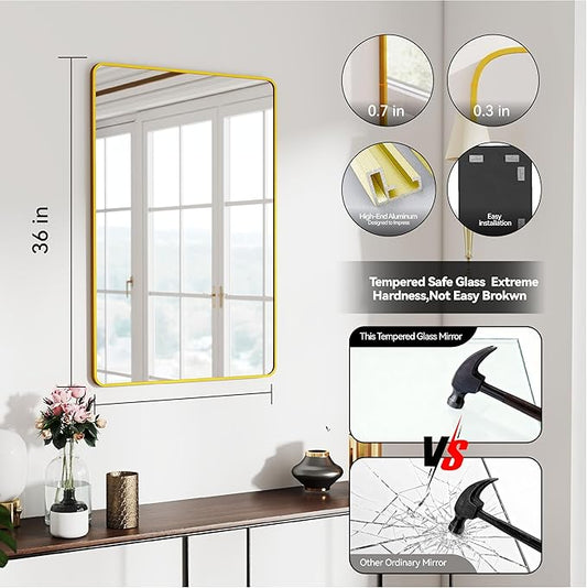 SCWF-GZ 24x36 Vanity Mirror Full Length Wall Mounted Aluminum Alloy Metal Frame Dressing Round Rectangle Mirrors for Entryway Bedroom Bathroom Living Room Horizontally or Vertically 36x24 inch Gold