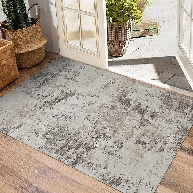 ROYHOME Modern Abstract 2x3 Area Rug Non Slip Non Shedding Low Pile Stain Resistant Rug for Entryway Kitchen Bedroom,Brown Grey