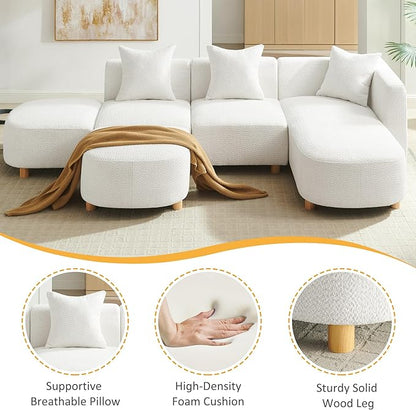 VANOMi 109.84" Modular Sectional Sofa with 3 Pillows, Convertible 5-Seater Comfy Boucle Cloud Couch with Ottoman, Modern Sectional Sofas for Living Room, Office, Apartment (White)