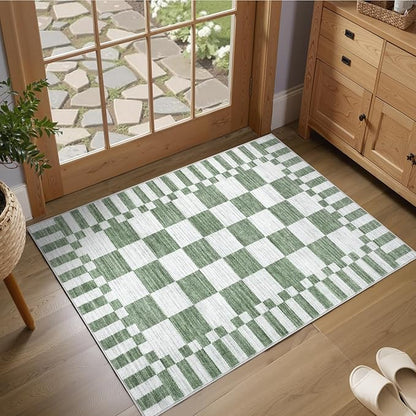 GarveeHome Sage Green Checkered Rug 2x3 Washable Rug Non-Slip for Entryway, Soft Low-Pile Small Area Rugs, Modern Geometric Rugs for Kitchen