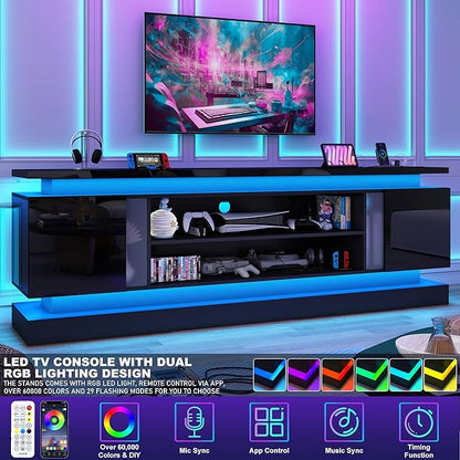 chartustriable 81IN LED TV Stands w/Power Outlet for 90/80/75 Inch TVs,High Glossy Modern Tall Entertainment Center TV Media Console Gaming with 2 Storage Cabinets,Dual LED Lights,Black