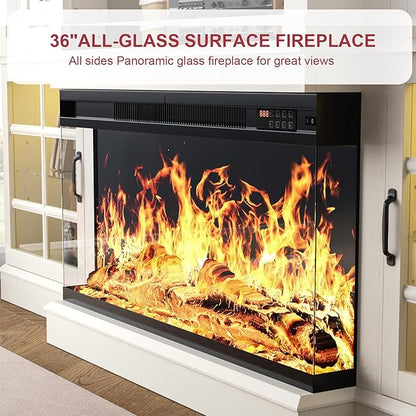 80" TV Stand with 36" Electric Fireplace, Entertainment Center Console Table for TV up to 90'', Fireplace TV Stand with Open Storage Shelves and Glass Door for Living Room, White