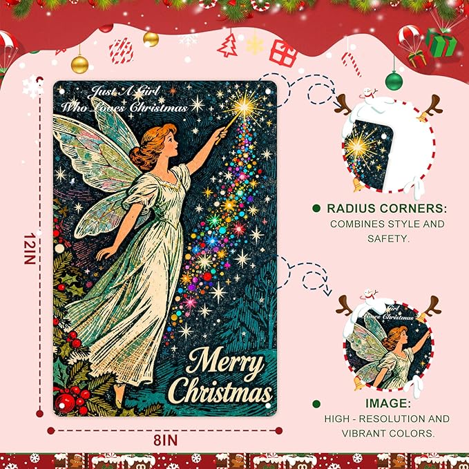 Vintage Christmas Metal Decorations Outdoor/Indoor - 12x8 Inches Retro Fairy & Rainbow Star Tree Sign Wall/Door for Home Kitchen Holiday Gathering Spaces.