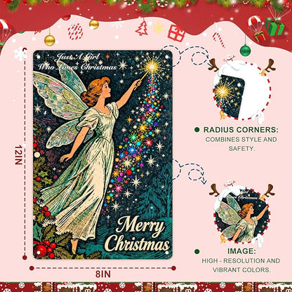 Vintage Christmas Metal Decorations Outdoor/Indoor - 12x8 Inches Retro Fairy & Rainbow Star Tree Sign Wall/Door for Home Kitchen Holiday Gathering Spaces.