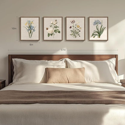 Framed Botanical Wall Art for Bathroom, 4 Piece Vintage Floral Canvas Painting Prints Artwork Farmhouse Wall Decor, Rustic Flower Butterfly Pictures for Bedroom Kitchen Hallway Home Decor, 8x10 Inch