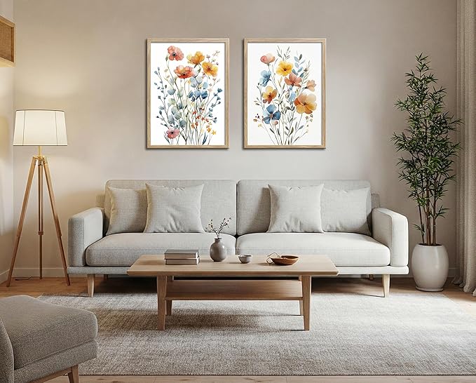 Framed Colorful Flowers Canvas Wall Art for Bathroom Decor, Blue Floral Print, Yellow Orange Flowers Artwork Pictures Poster for Bedroom Living Room Office Decoration 12"x16"x2 Panels