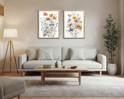 Framed Colorful Flowers Canvas Wall Art for Bathroom Decor, Blue Floral Print, Yellow Orange Flowers Artwork Pictures Poster for Bedroom Living Room Office Decoration 12"x16"x2 Panels