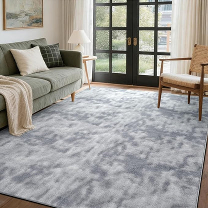 FinRèc 4x6 Washable Area Rugs for Bedroom Living Room, Low Pile Thin Ultra Soft Shag Rug, Non-Slip Carpet Indoor for Home Decor (Tie-dye Grey)