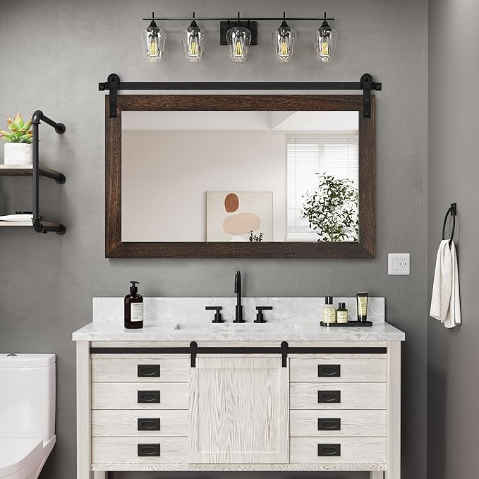 COGOOD Farmhouse Bathroom Mirror - 49" x 30" Rustic Barn Door Mirror for Living Room, Entryway, Bedroom, Vanity Wall Decor (Black Brown)
