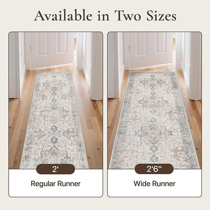 GENIMO Runner Rug 2'6"x5 Machine Washable Non Slip Vintage Hallway Runner Rug, Low Pile Lightweight Rugs for Indoor Entryway, Hallway, Kitchen and Corridor, Light Taupe Brown