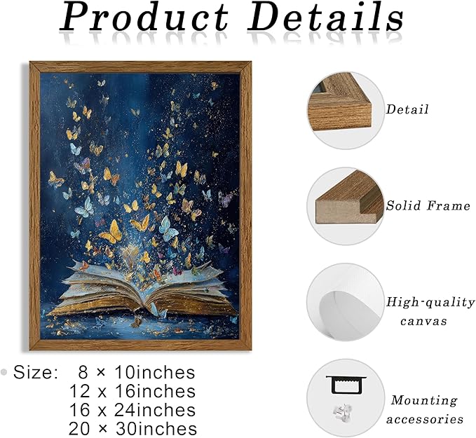 JLTULT Colorful Butterfly On Book Page Canvas Wall Art, Vintage Fantasy Butterflies Art Wall Decor, Modern Aesthetic Art Print for Bathroom Bedroom Living room Study 12x16 In Wood Framed Easy to Hang