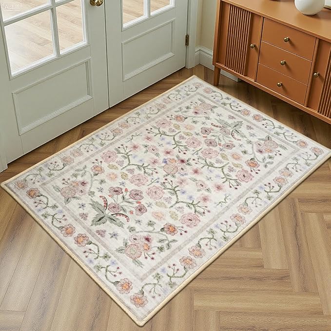 Maxsoft Small 2x3 Rugs for Entryway, Washable Floral Area Rugs for Entrance, Low Pile Thin and Non-Slip Throw Carpet for Kitchen Floor, Front Door Indoor Door Mat, Bathroom, Bedroom Bedside, Pink