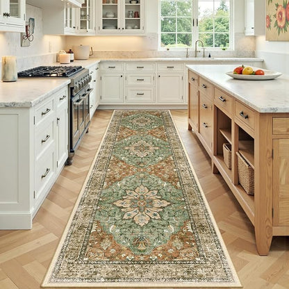 RELEANY Area Rugs 2'x8' Runner Rug Non Slip Washable for Kitchen Hallway Bedroom Beside Laundry Room Bathroom Rug, Floor Carpet, Brick Red Rust Neutral Brown Burnt Orange Green