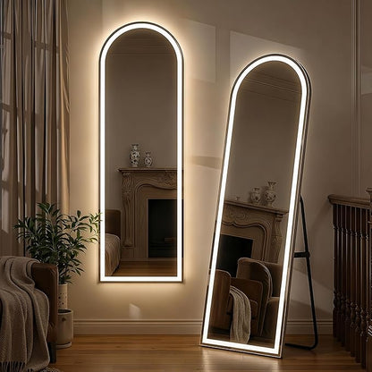 63"x20" Arched Full Length Mirror with LED Lights, Body Floor Mirror with Dimming & 3 Color Lighting, Mirror Full Length for Home Wall Decor, Tall Arch Aluminum Frame for Bedroom Cloakroom