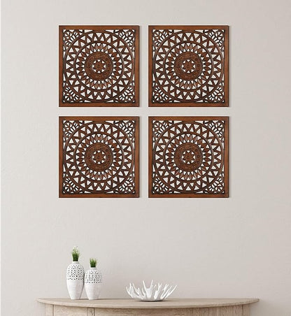 Wooden Designer Wall Hanging Plaques/Wall Plaque Wall Décor Plaques Set of 4-16x16 Inch - Burnt, Elegant Sculpture Wall Décor Panel to Enhance the Décor of Your Room or Office