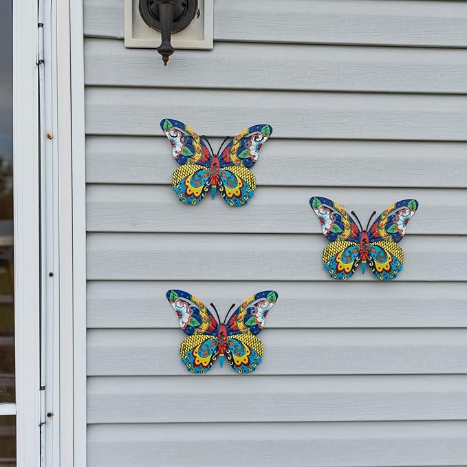Schwousi Metal Butterfly Mexican Pottery Outdoor Decor, Talavera Garden Decor, Butterfly Wall Art Set of 3, Wall Sculpture Hanging Decorations for Garden Patio