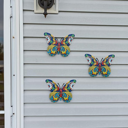Schwousi Metal Butterfly Mexican Pottery Outdoor Decor, Talavera Garden Decor, Butterfly Wall Art Set of 3, Wall Sculpture Hanging Decorations for Garden Patio