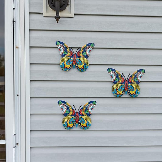 Schwousi Metal Butterfly Mexican Pottery Outdoor Decor, Talavera Garden Decor, Butterfly Wall Art Set of 3, Wall Sculpture Hanging Decorations for Garden Patio