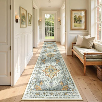 RELEANY Area Rugs 2'6"x14' Runner Rug Non Slip Washable for Kitchen Hallway Bedroom Beside Laundry Room Bathroom Rug, Floor Carpet, Light Yellow Carbon Grey Orange