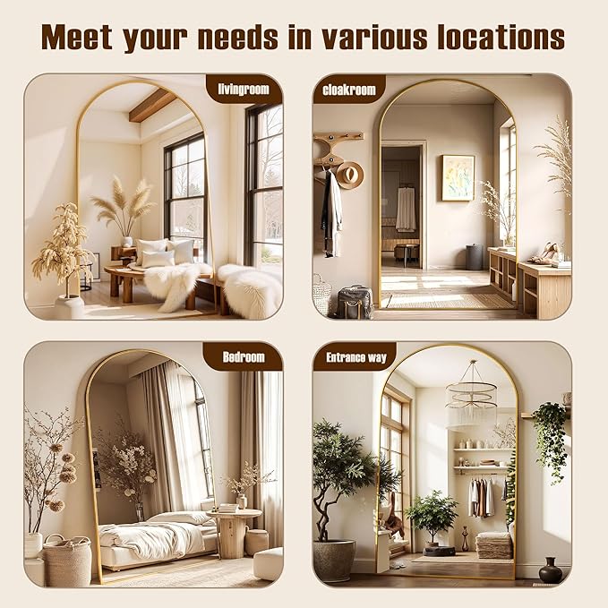 Full Length Mirror, 78"x38" Arched Full Body Mirror, Floor Mirrors with Stand, Body Mirrors Standing Hanging Leaning Against Wall,Aluminum Frame Mirrors for Bedroom Cloakroom,Living Room,Gold
