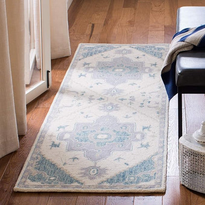 SAFAVIEH Micro-Loop Collection 2'3" x 8' IvoryNavy MLP503L Handmade Shabby Chic Medallion Premium Wool Entryway Foyer Living Room Kitchen Runner Rug