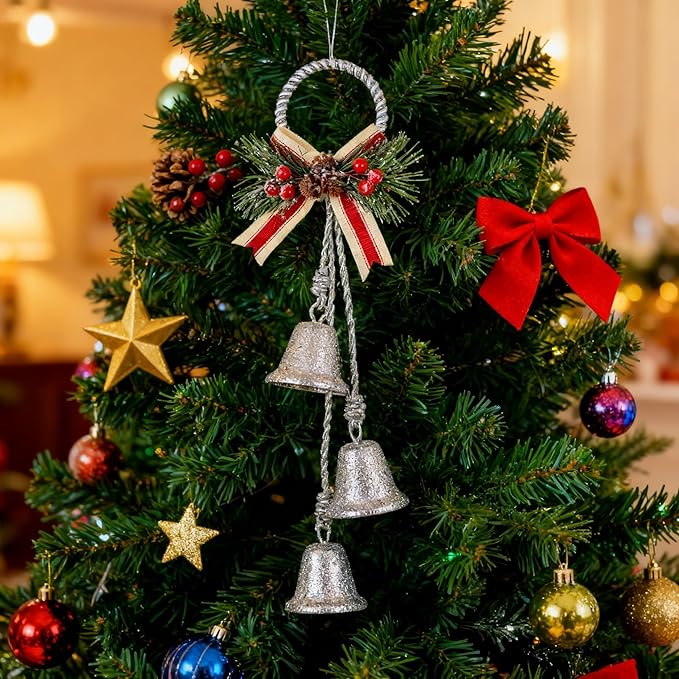 Christmas Bells Decorations Jingle Bell，Hanging Decorative for Door,Wall, Bedroom, Living Room,Tree Ornaments for Home Decor, Wreath, Door Hanging,Cluster Decorative Bells (Glittering Silver)
