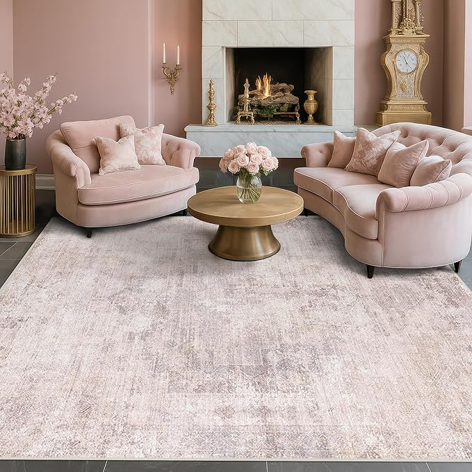 Hazo Haus Modern Rugs for Living Room 10x14 - Contemporary Dusty Pink Extra Large Area Rug for Dining Room Table, Foldable Thin Lightweight Non Slip Abstract Distressed Medallion Print Pattern