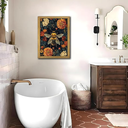 Framed Hand Drawn Sandstone Bee Wall Art, 3D Textured Nature Botanical Wall Decor Pictures, Dark College Vintage Flowers Print Painting for Living Room Bedroom Kitchen Home Decor 12x16inch