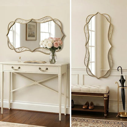 Besdomus Gold Bathroom Wall Mirror: 24"x48" Scalloped Modern Brass Gold Vanity Mirror for Wall - Farmhouse Decorative Vertical or Horizontal Hanging - Wall Decor for Living Room/Bedroom/Bathroom