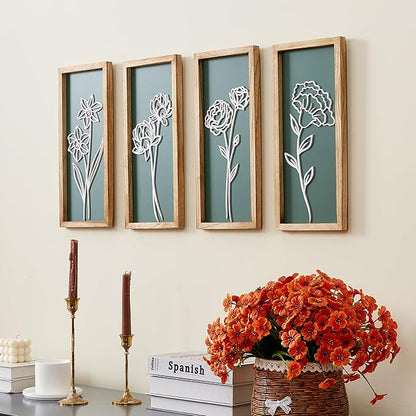 HKBS 3D Wooden Floral Wall Art, Set of 4 Framed Flowers Wall Art Sculptures, Boho Farmhouse Minimalist Decor for Bathroom Bedroom Living Room Kitchen or Office Wall Decorations Housewarming Gifts (Green)