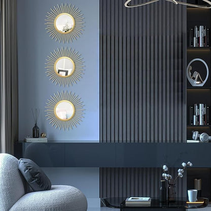 3 Set Sunburst Mirrors for Wall Decor Living Room Bedroom Bathroom Dining Room Metal Boho Sunburst Wall Mirror Set Gold Metal Vintage Circle Art Pack - Gold 11.8 in