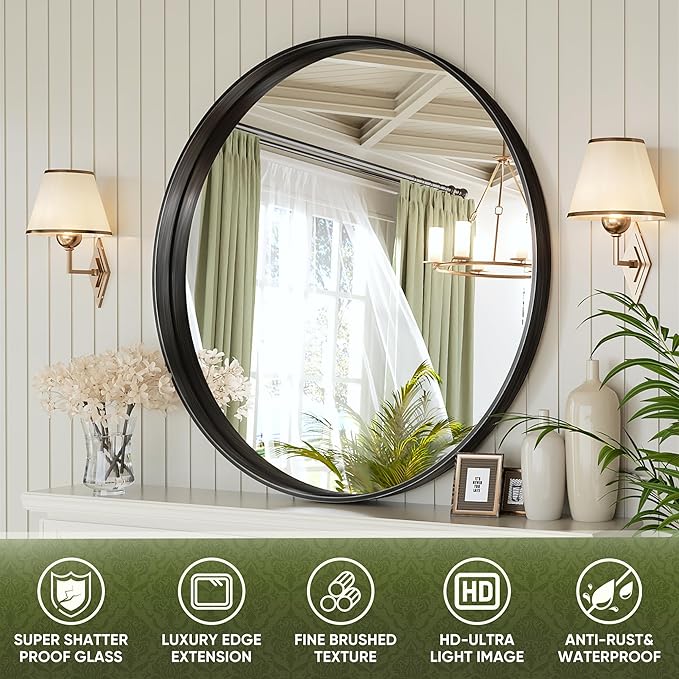 Suidia 30" x 30" Bathroom Mirror, Bathroom Vanity Mirror Metal Framed, Wall-Mounted Mirrors for Bedroom, Living Room, Entryway, Hallway, Black, Round Style