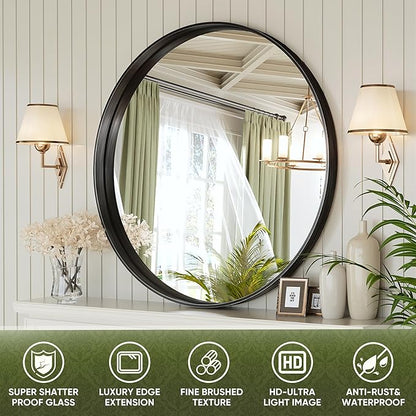 Suidia 30" x 30" Bathroom Mirror, Bathroom Vanity Mirror Metal Framed, Wall-Mounted Mirrors for Bedroom, Living Room, Entryway, Hallway, Black, Round Style