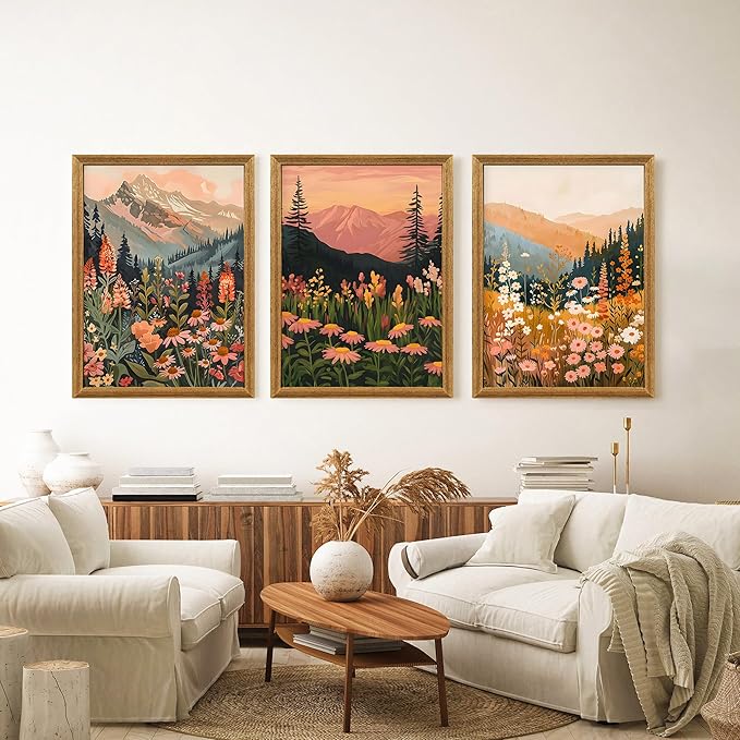 ICHZUMW Framed Boho Abstract Landscape Mountain and Floral Canvas Wall Art Set of 3, Colorful Nature Botanical Paintings Artwork, Large Wildflower Wall Decor for Living Room Bedroom Office, 12x16in