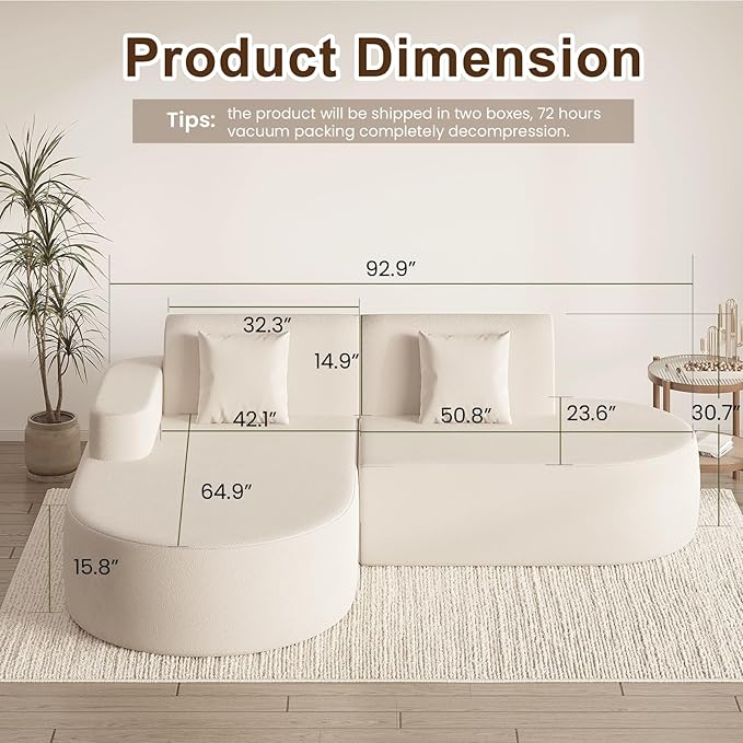 MELLCOM Modern Curved Boneless Sofa Couch, L-Shaped Corner Sofa, No Assembly Needed, Chenille Upholstered Cloud Sectional Couch for Living Room, Bedroom and Apartment (Beige, Left Hand Facing)
