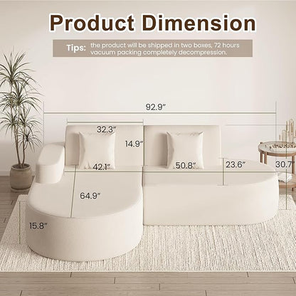 MELLCOM Modern Curved Boneless Sofa Couch, L-Shaped Corner Sofa, No Assembly Needed, Chenille Upholstered Cloud Sectional Couch for Living Room, Bedroom and Apartment (Beige, Left Hand Facing)