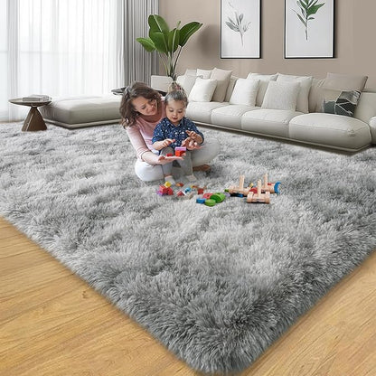qulint Living Room Rug 8x10, Soft Fluffy Rug for Bedroom Shag Shaggy Large Carpet for Dorm, Fuzzy Plush Grey Carpet for Boys and Girls Kid Room Classroom Home Decor (8ft x 10ft, Tie-Dyed Gray)
