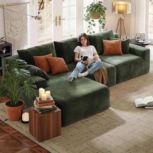 Homkdom L-Shaped Cloud Boneless Couch with Deep Seat, Modular Sectional Sofa with Oversized Chaise, 6 Layouts Combination for Living Room, Apartment, No Assembly (Green, Left Chaise)