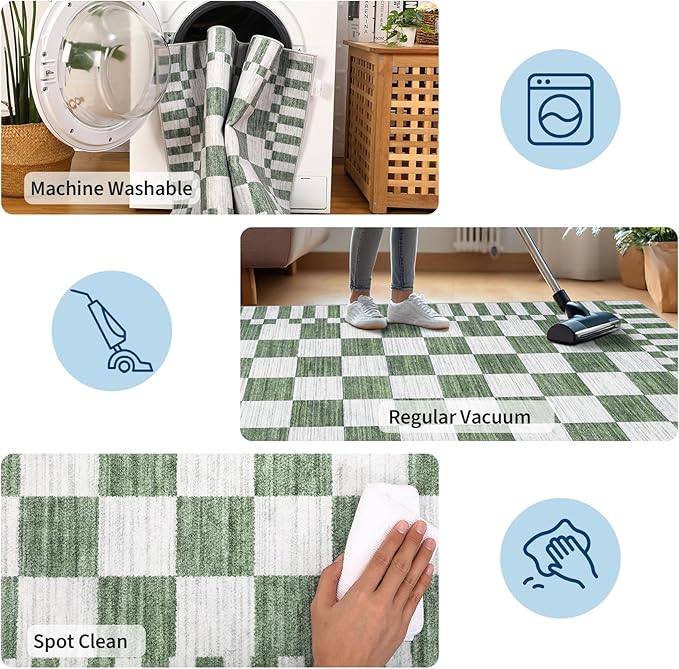 GarveeHome Sage Green Checkered Rug 4×6 Area Rugs for Living Room，Non-Slip Washable Rug Soft Low-Pile, Neutral Modern Farmhouse Geometric Rugs for Bedroom Dining Room Office