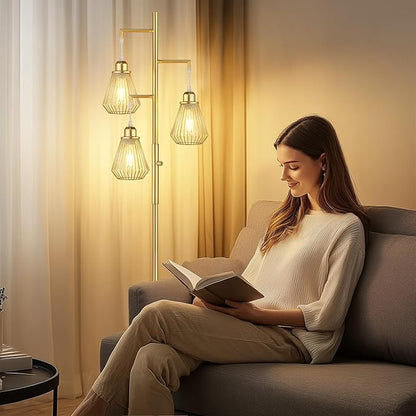 QiMH Industrial Floor Lamps for Living Room, Tree Standing Lamp with Stepless Dimmable, 68" Modern Tall Lamps for Bedroom Study Home Office, Rotary Switch, 3 LED Bulb Included, Gold