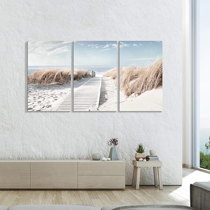 Hardy Gallery Beach Scene Picture Coastal Painting: Oceanside Sea Grass Trail Artwork on Canvas Print for Office(26''x16''x3pcs)
