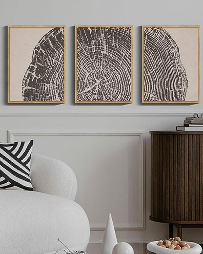 PHOPAGO Farmhouse Vintage Framed Wall Art Set Gray Wood Tree Ring Spirals Nature Abstract Drawings Rustic Modern Art Decor for Living Room Bedroom - 11x14in Natural Framed