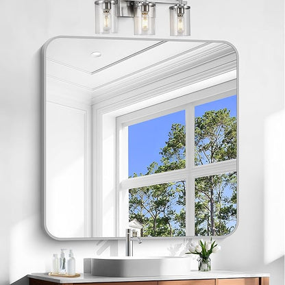 Silver Bathroom Mirror, 42 x 42 Inch Silver Square Mirror, Metal Framed Rectangular Vanity Mirror, Rounded Corner Wall Mounted Mirror for Living Room Bedroom Entryway Hangs Horizontal/Vertical