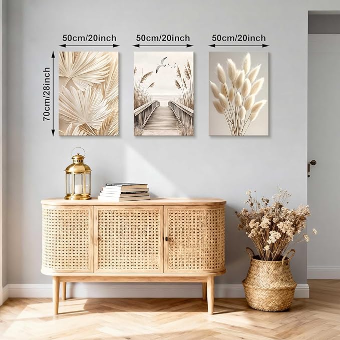 3 Pcs Beige Reeds Botanical Framed Canvas Wall Art Neutral Palm Fronds Wall Paintings Quiet Beach Landscapes Art Prints Picture Home Decor for Bedroom Living Room Office Reay to Hang 20"x28"x3Pcs