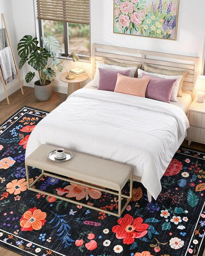 Macgace 5x7 Black Floral Rug for Girls Bedroom, Machine Washable Area Rugs with Non Slip Backingfor Living Room, Cute Flowers Carpet Kitchen Dining Room Kids Playroom Decor