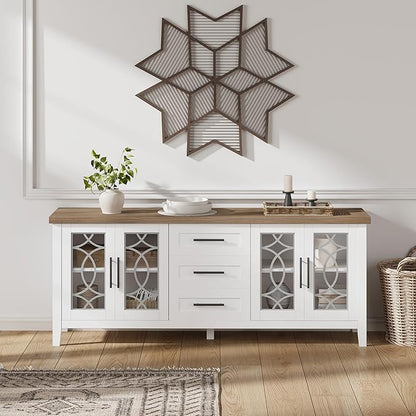 GarveeHome Farmhouse TV Stand with Glass Door for 70 Inch Tv, Mid Century Modern Entertainment Center for Living Room, Rustic Television Stands 2 Storage Door & 3 Drawer for Bedroom (Farmhouse White)